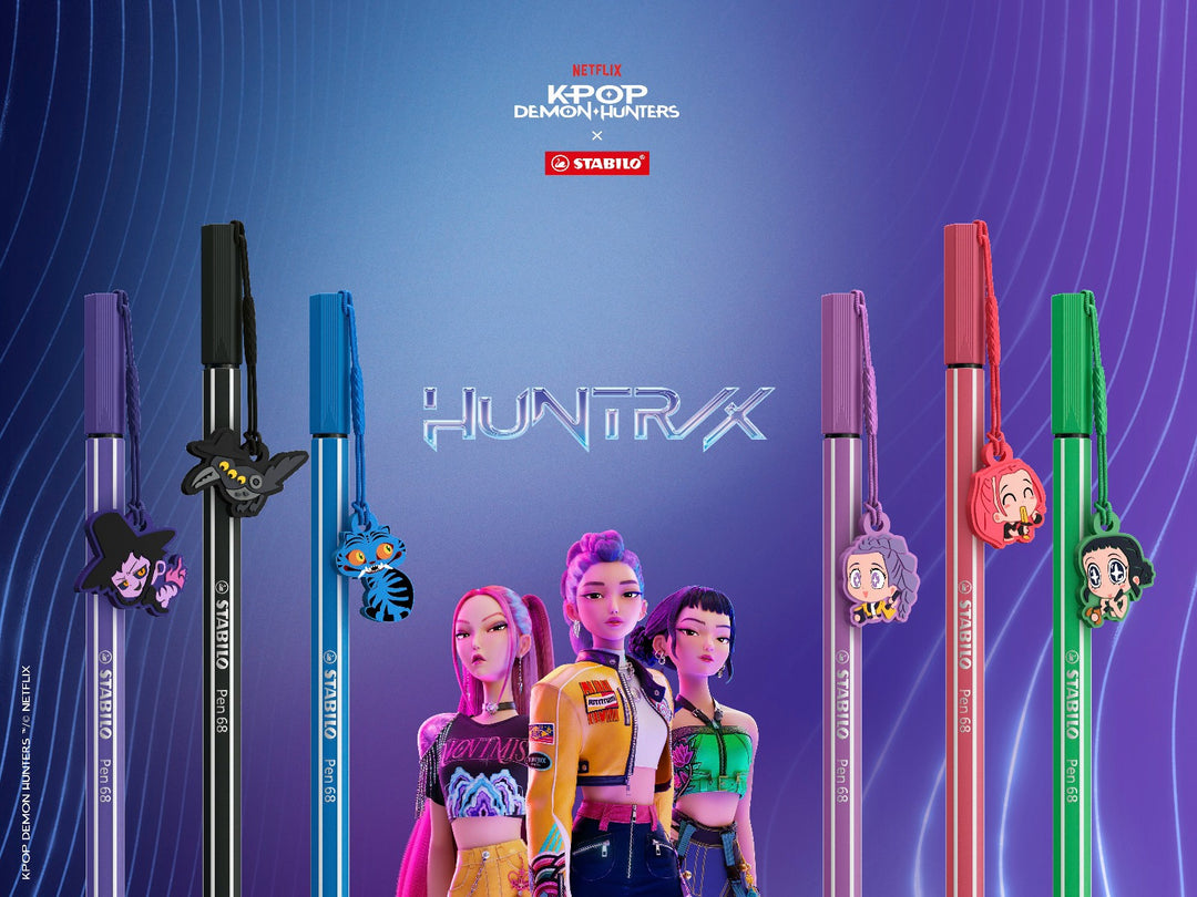STABILO Pen 68 KPop Demon Hunters felt-tip pens in six colours displayed with detachable character charms and HUNTR/X promotional artwork