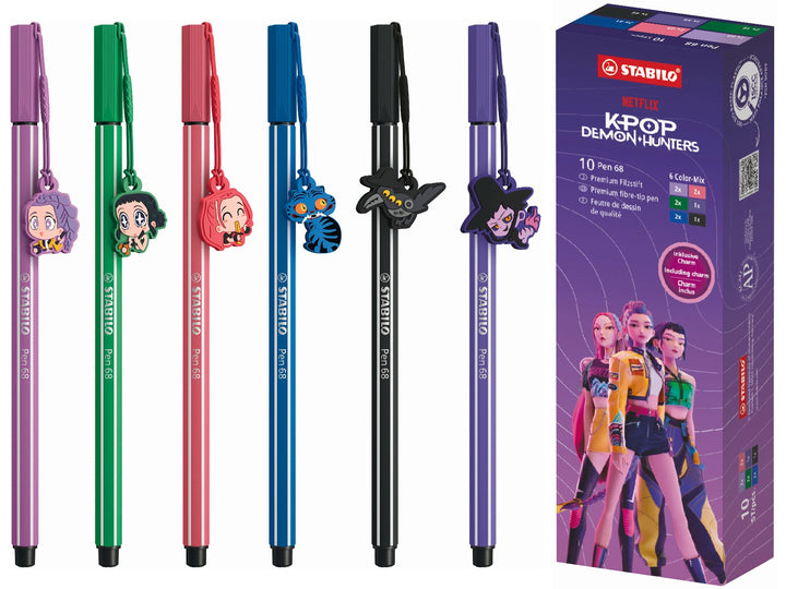 STABILO Pen 68 KPop Demon Hunters assorted felt-tip pen set with six character charm designs in purple, green, red, blue, black and violet, displayed beside the Pack of 10 retail box