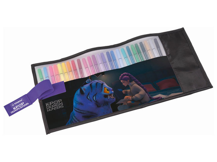 STABILO Pen 68 KPop Demon Hunters Rollerset of 25 opened to show the assorted felt-tip pens and special-edition character artwork