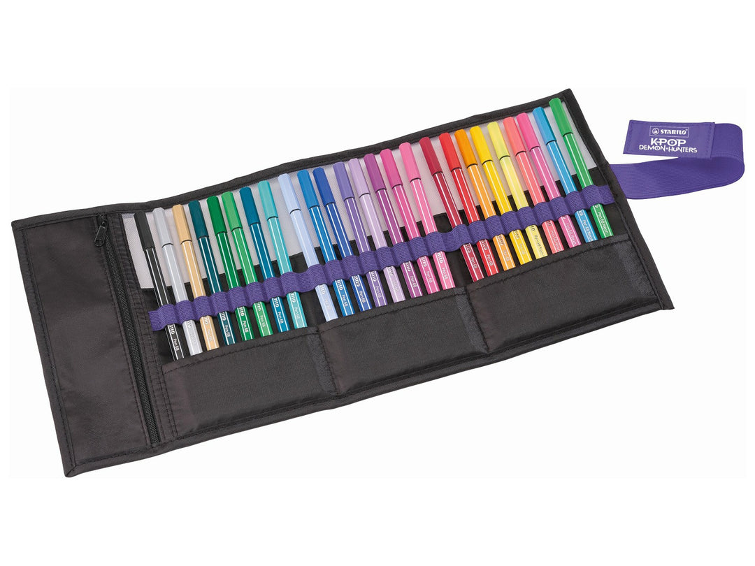 Open STABILO Pen 68 KPop Demon Hunters Rollerset displaying 25 assorted colourful felt-tip pens secured in individual loops with purple fastening strap