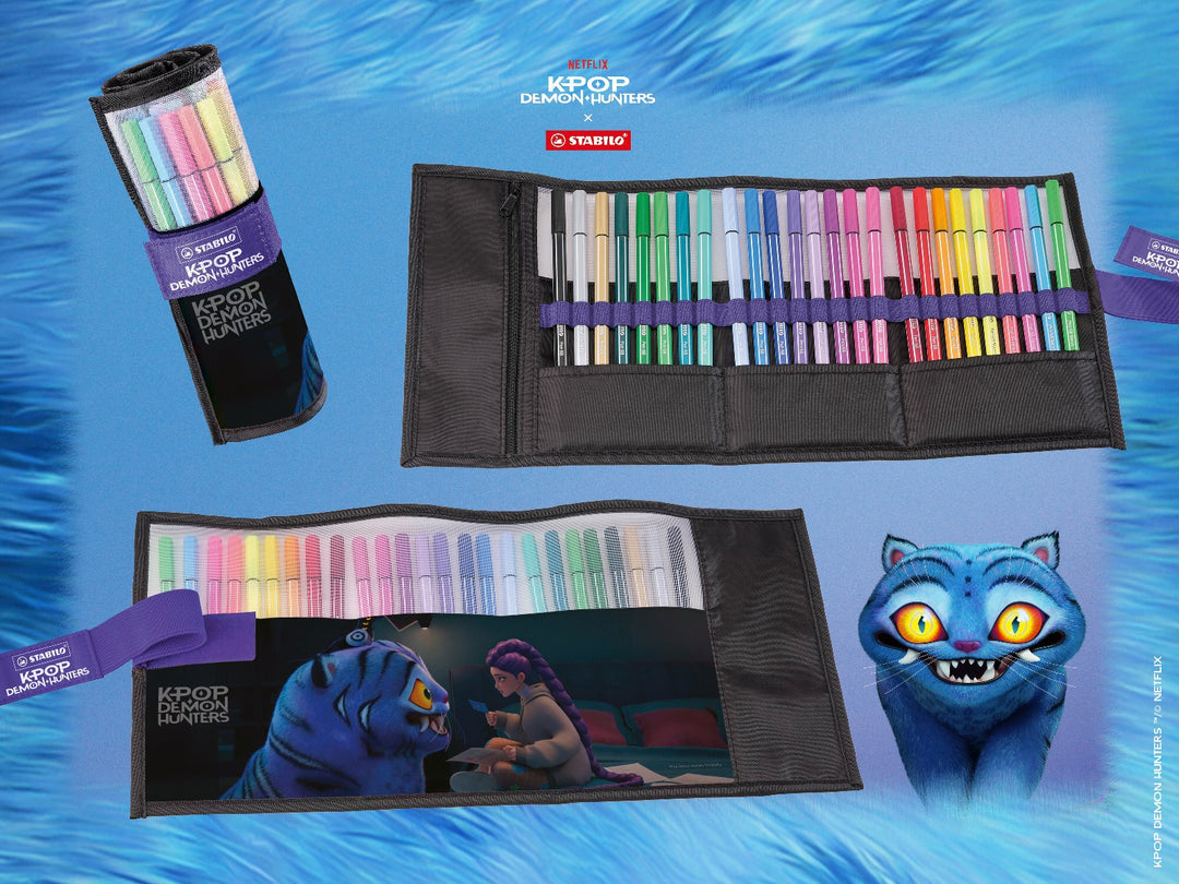 STABILO Pen 68 KPop Demon Hunters Rollerset of 25 displayed open and rolled upright, showing 25 colourful felt-tip pens with special-edition character artwork featuring Rumi and Derpy