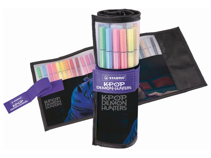 STABILO Pen 68 KPop Demon Hunters Rollerset of 25 shown open and rolled upright, displaying the assorted colourful felt-tip pens and special-edition character artwork