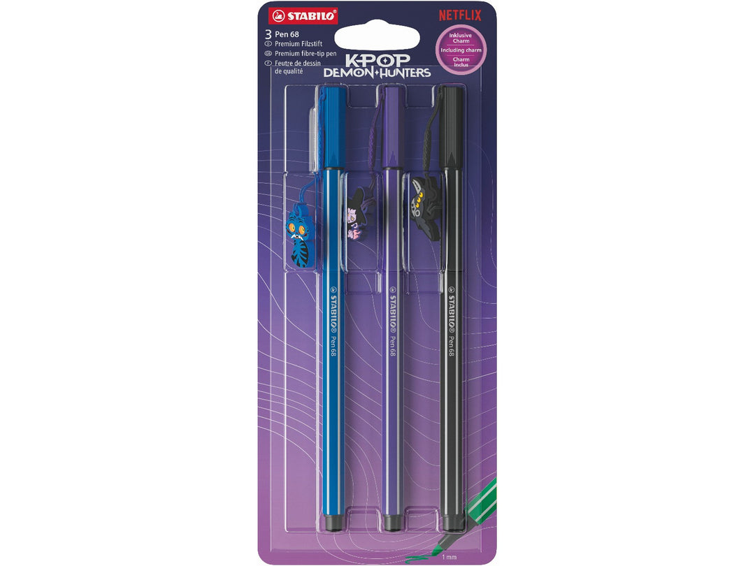 STABILO Pen 68 KPop Demon Hunters set of 3 felt-tip pens in Dark Blue, Violet and Black displayed in special-edition purple retail packaging with detachable character charms