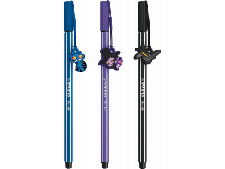 Three STABILO Pen 68 KPop Demon Hunters felt-tip pens in Dark Blue, Violet and Black, each featuring a detachable character charm