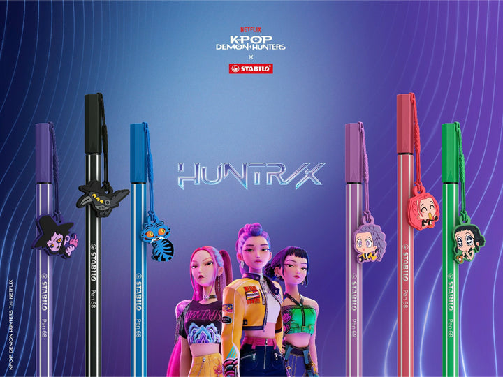 STABILO Pen 68 KPop Demon Hunters felt-tip pens in six colours displayed with detachable character charms and HUNTR/X promotional artwork