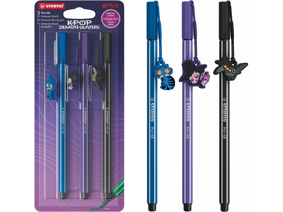 STABILO Pen 68 KPop Demon Hunters set of 3 felt-tip pens in Dark Blue, Violet and Black, shown in retail packaging and separately with detachable character charms