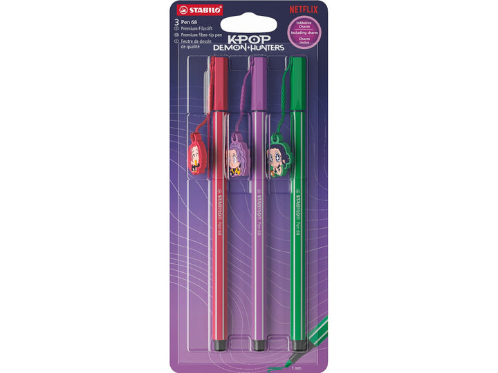 STABILO Pen 68 KPop Demon Hunters set of 3 felt-tip pens in Strawberry Red, Plum and Mint Green displayed in special-edition purple retail packaging with detachable character charms