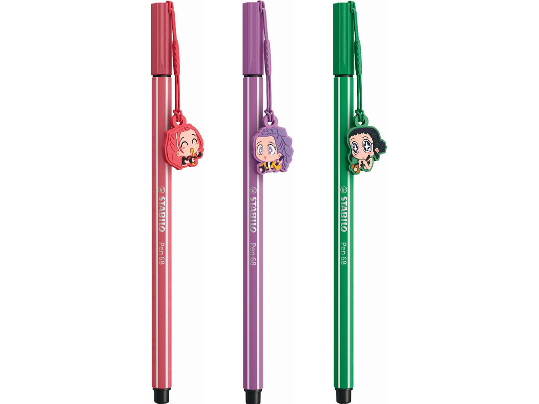 Three STABILO Pen 68 KPop Demon Hunters felt-tip pens in Strawberry Red, Plum and Mint Green, each featuring a detachable character charm