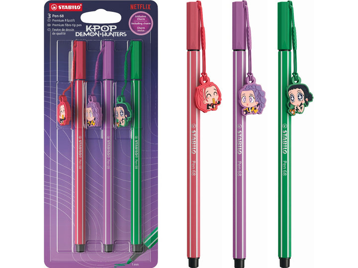 STABILO Pen 68 KPop Demon Hunters set of 3 felt-tip pens in Strawberry Red, Plum and Mint Green, each featuring a detachable character charm