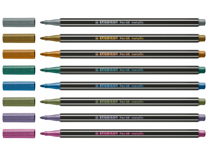 Set of 8 STABILO Pen 68 Metallic felt-tip pens displayed uncapped in Silver, Gold, Copper, Metallic Green, Metallic Blue, Metallic Light Green, Metallic Violet and Metallic Rose