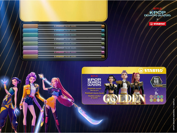 STABILO Pen 68 Metallic KPop Demon Hunters set of 8 displayed in an open golden metal wallet alongside the special-edition Golden collector tin and character artwork