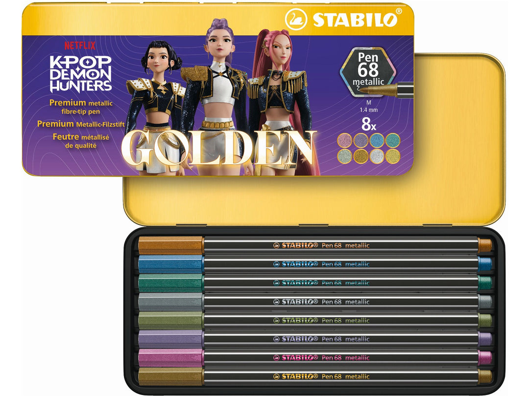 STABILO Pen 68 Metallic KPop Demon Hunters set featuring 8 shimmering metallic felt-tip pens in an exclusive golden metal wallet with special-edition character artwork
