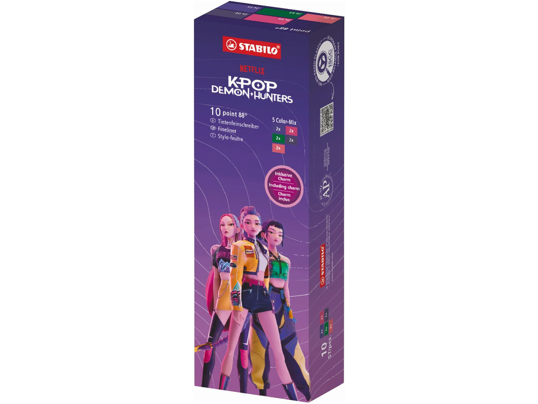 STABILO point 88 KPop Demon Hunters assorted Box of 10 fineliner pens in special-edition purple retail packaging featuring colourful character artwork