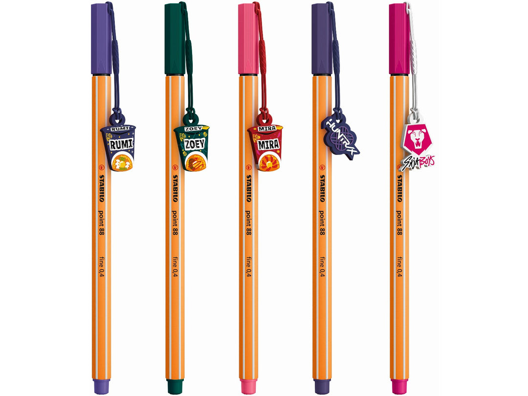 Five STABILO point 88 KPop Demon Hunters fineliner pens with orange striped barrels, assorted coloured caps and detachable collectable charms