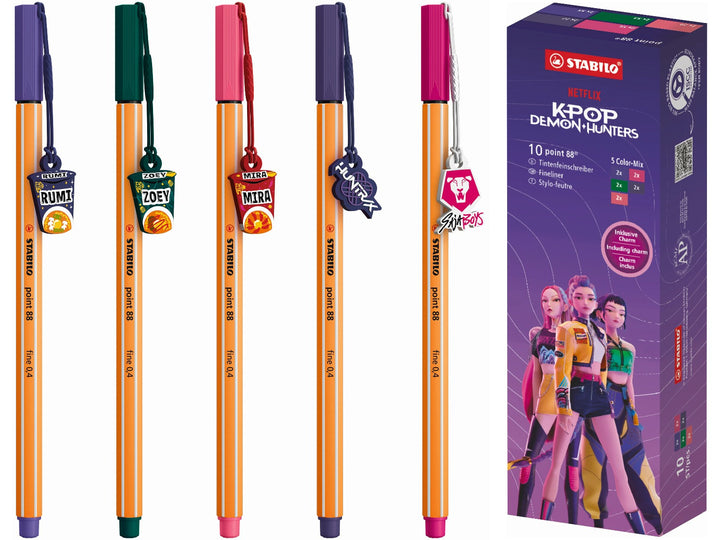 STABILO point 88 KPop Demon Hunters Box of 10 assorted 0.4mm fineliners featuring colourful detachable charms and special-edition packaging