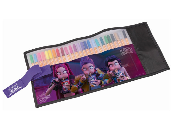 STABILO point 88 KPop Demon Hunters Rollerset of 25 shown fully open, displaying assorted colourful 0.4mm fineliner pens alongside special-edition character artwork