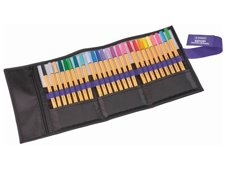 Open STABILO point 88 KPop Demon Hunters Rollerset displaying 25 assorted colourful 0.4mm fineliner pens secured in individual loops with a purple fastening strap