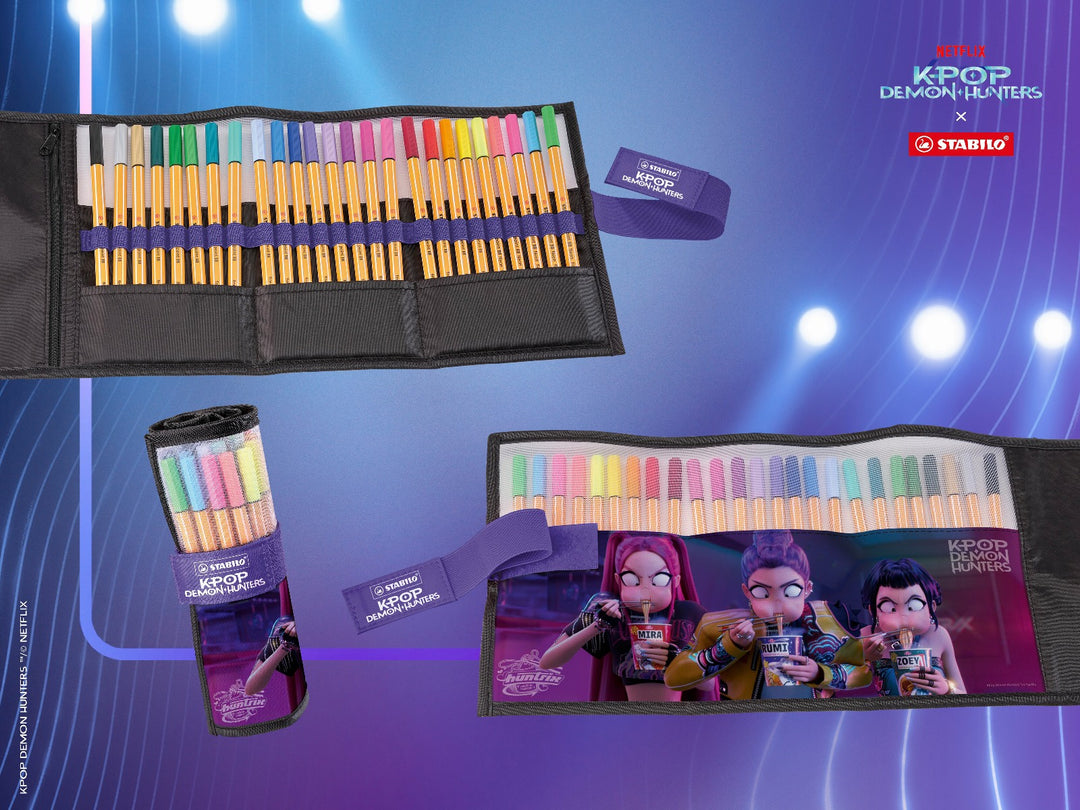 STABILO point 88 KPop Demon Hunters Rollerset of 25 shown open, closed and rolled upright, displaying assorted colourful fineliners with special-edition character artwork