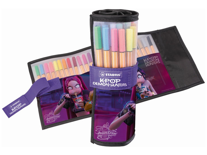 STABILO point 88 KPop Demon Hunters Rollerset of 25 shown open and rolled upright, displaying assorted colourful fineliners with special-edition character artwork