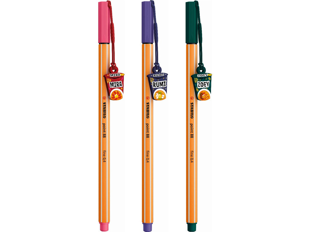 Three STABILO point 88 KPop Demon Hunters fineliner pens in Light Pink, Violet and Pine Green, featuring detachable Mira, Rumi and Zoey ramyeon cup charms