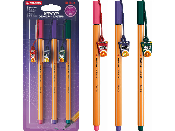 STABILO point 88 KPop Demon Hunters set of 3 fineliner pens in Light Pink, Violet and Pine Green, shown in retail packaging and separately with detachable ramyeon cup character charms