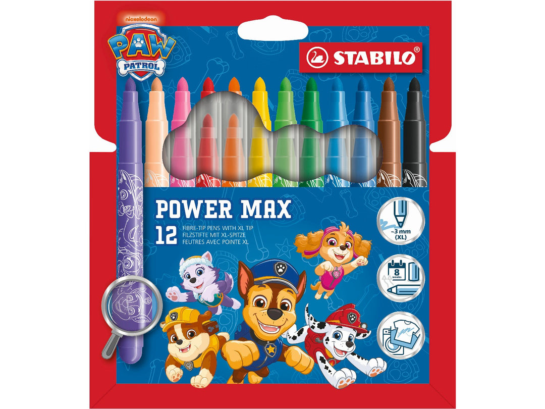 STABILO power max PAW Patrol Wallet of 12 felt-tip pens in assorted colours, featuring PAW Patrol character designs and 3mm tips