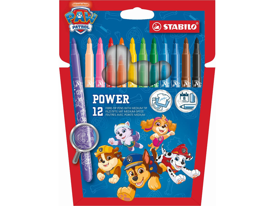 STABILO power PAW Patrol Wallet of 12 felt-tip pens in assorted colours, featuring PAW Patrol character designs, washable ink and 2mm round tips