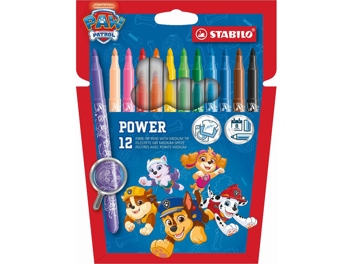 STABILO power PAW Patrol Wallet of 12 felt-tip pens in assorted colours, featuring PAW Patrol character designs, washable ink and 2mm round tips