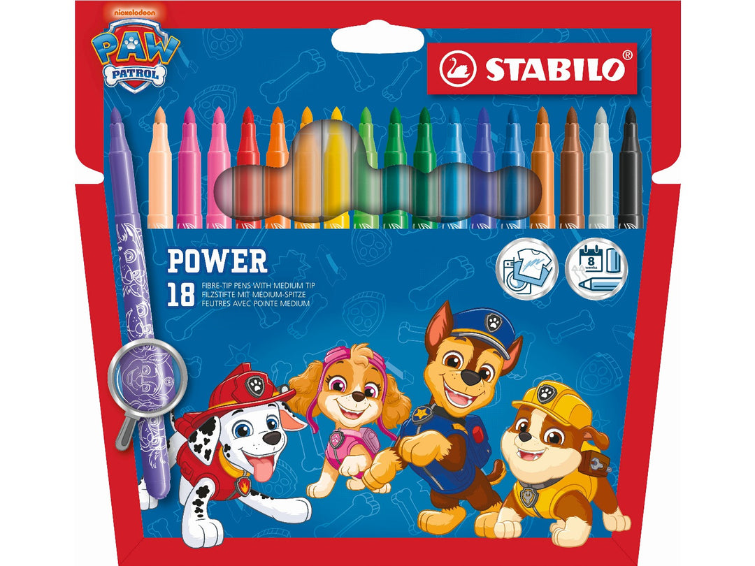 STABILO power PAW Patrol Wallet of 18 felt-tip pens in assorted bright colours, featuring PAW Patrol character designs and 2mm round tips