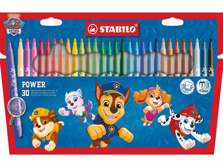 STABILO power PAW Patrol Wallet of 30 felt-tip pens in a wide assortment of bright colours, featuring PAW Patrol character designs and 2mm round tips