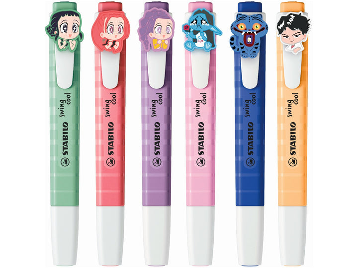 Six STABILO point 88 KPop Demon Hunters fineliner pens in assorted colours, each featuring a detachable character-inspired charm