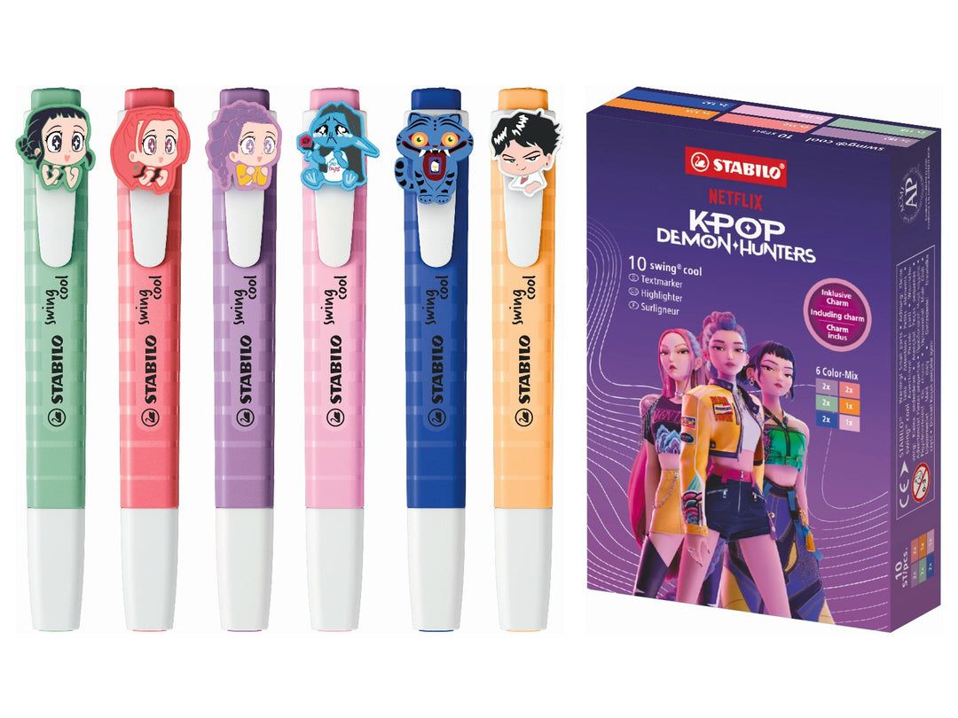 STABILO point 88 KPop Demon Hunters fineliner collection showing six orange-striped pens with colourful caps and detachable character-inspired charms beside special-edition retail packaging