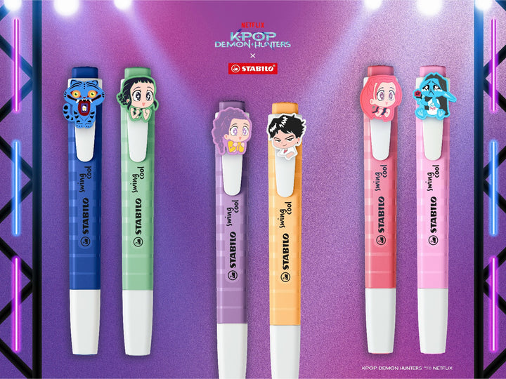 Six STABILO swing cool KPop Demon Hunters highlighters in blue, mint green, violet, orange, coral and pink, featuring colourful character charms on a purple promotional background