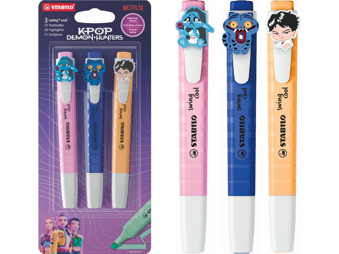 STABILO swing cool KPop Demon Hunters set of 3 highlighters in Frozen Fuchsia, Ultramarine and Pale Orange, shown in retail packaging and separately with detachable character charms