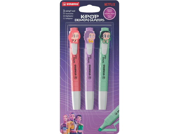 STABILO swing cool KPop Demon Hunters highlighters in blue, mint green, violet, orange, coral and pink, displayed with six detachable character charms on a purple promotional background