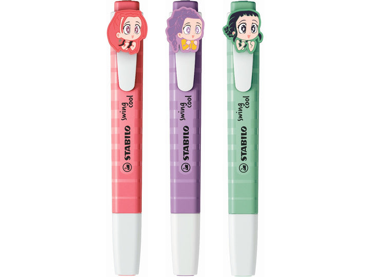 Three STABILO swing cool KPop Demon Hunters highlighters in Cherry Blossom Pink, Grey Violet and Hint of Mint, each featuring a detachable character charm