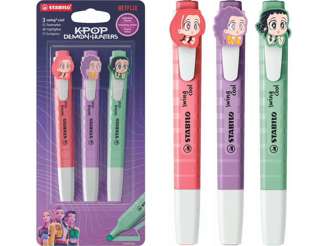 STABILO swing cool KPop Demon Hunters set of 3 highlighters in Cherry Blossom Pink, Grey Violet and Hint of Mint, shown in retail packaging and separately with detachable character charms