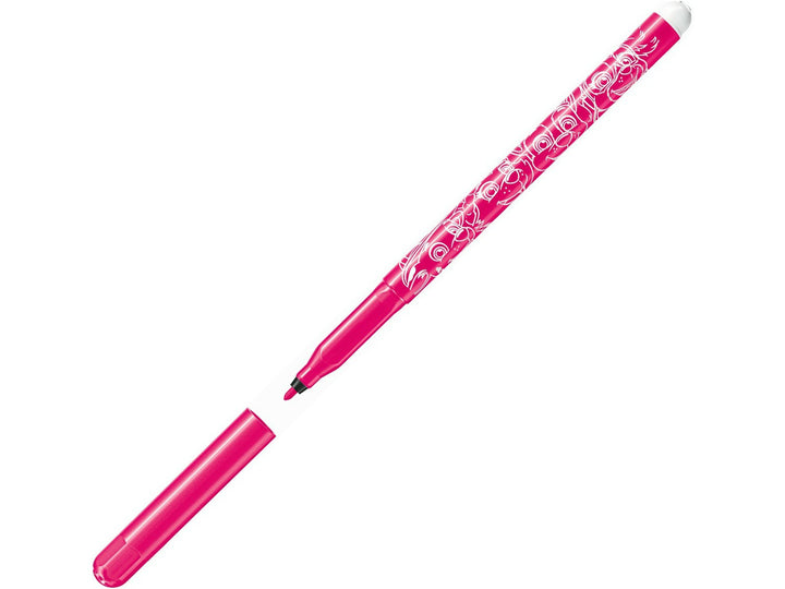 Pink STABILO Trio A-Z PAW Patrol felt-tip pen shown uncapped, featuring white PAW Patrol character designs and a fine 0.7mm round tip