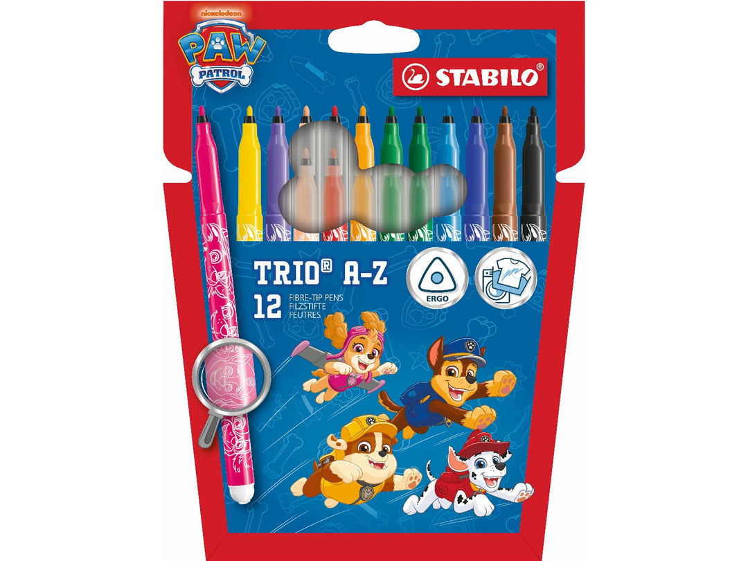 STABILO Trio A-Z PAW Patrol Wallet of 12 felt-tip pens in assorted bright colours, featuring PAW Patrol character designs and fine 0.7mm tips