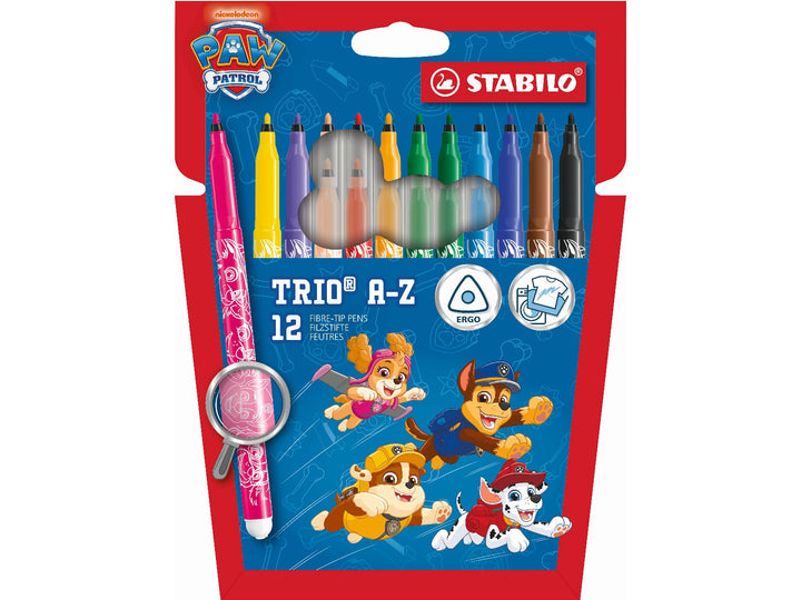 STABILO Trio A-Z PAW Patrol Wallet of 12 felt-tip pens in assorted bright colours, featuring PAW Patrol character designs and fine 0.7mm tips