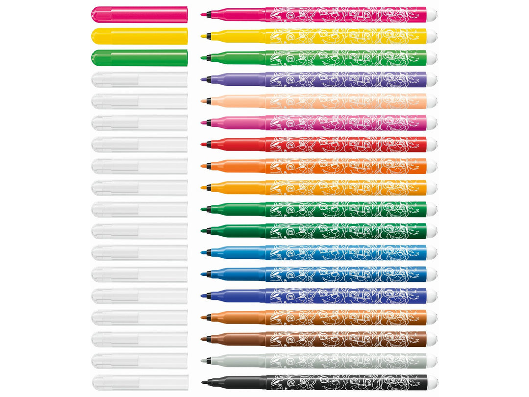 18 STABILO Trio A-Z PAW Patrol felt-tip pens displayed uncapped in assorted colours, featuring white PAW Patrol character designs and fine 0.7mm tips