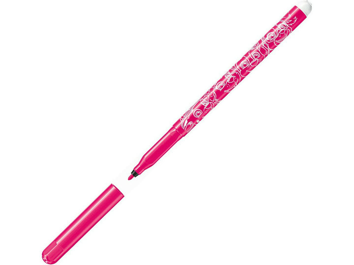 Pink STABILO Trio A-Z PAW Patrol felt-tip pen shown uncapped, featuring white PAW Patrol character designs and a fine 0.7mm round tip