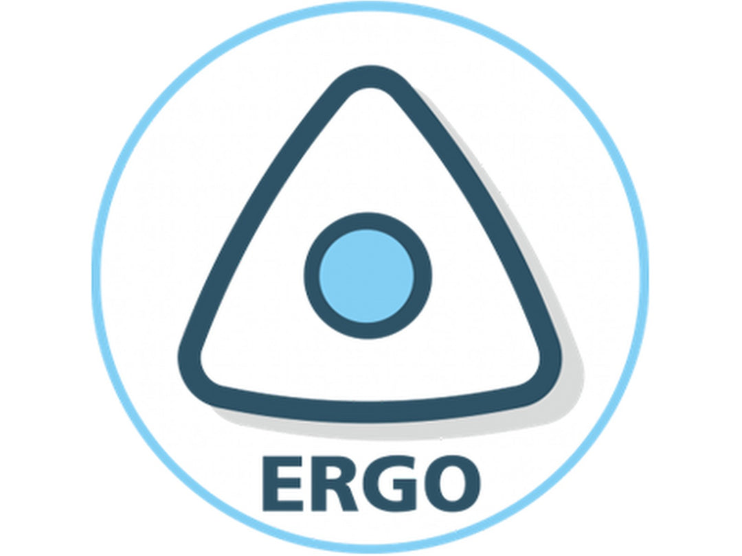 Ergonomic grip icon showing a triangular pen shape with “ERGO” text, indicating an ergonomic design for comfortable handling