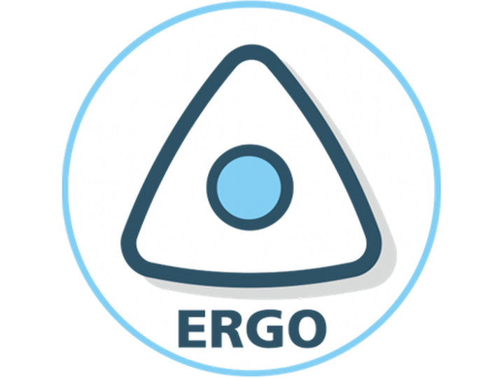 Ergonomic grip icon showing a triangular pen shape with “ERGO” text, indicating an ergonomic design for comfortable handling