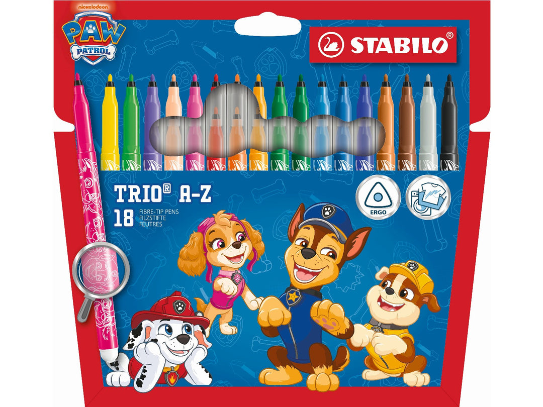 STABILO Trio A-Z PAW Patrol Wallet of 18 felt-tip pens in assorted bright colours, featuring PAW Patrol character designs and fine 0.7mm tips