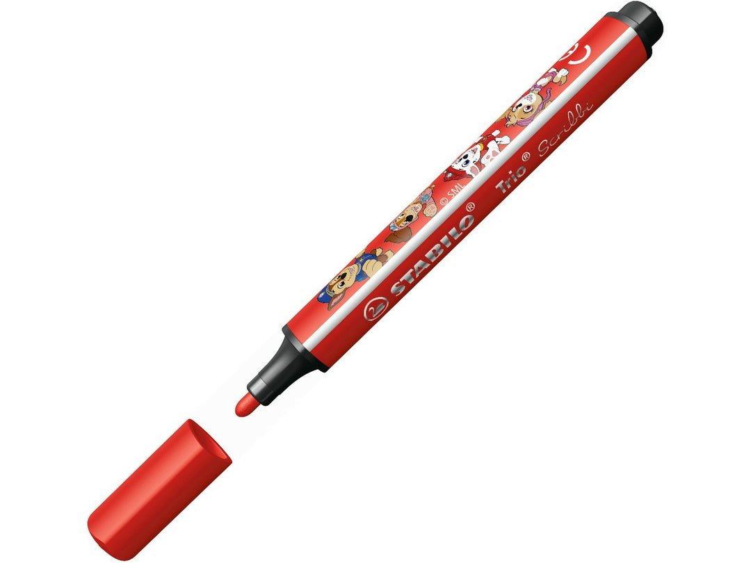 Red STABILO Trio Scribbi PAW Patrol felt-tip pen shown uncapped, featuring colourful PAW Patrol character artwork and a robust round tip