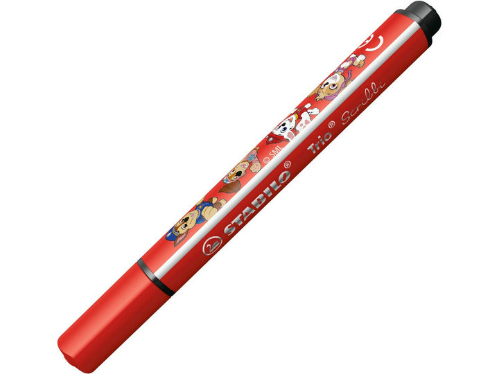 Red STABILO Trio Scribbi PAW Patrol felt-tip pen shown capped, featuring colourful PAW Patrol character artwork and triangular barrel design