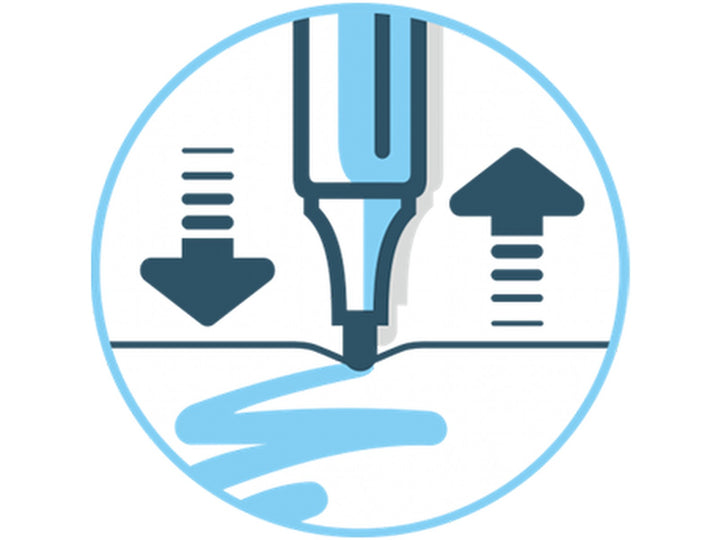 Spring-loaded felt-tip pen icon showing the tip moving under pressure to help protect it during colouring and drawing