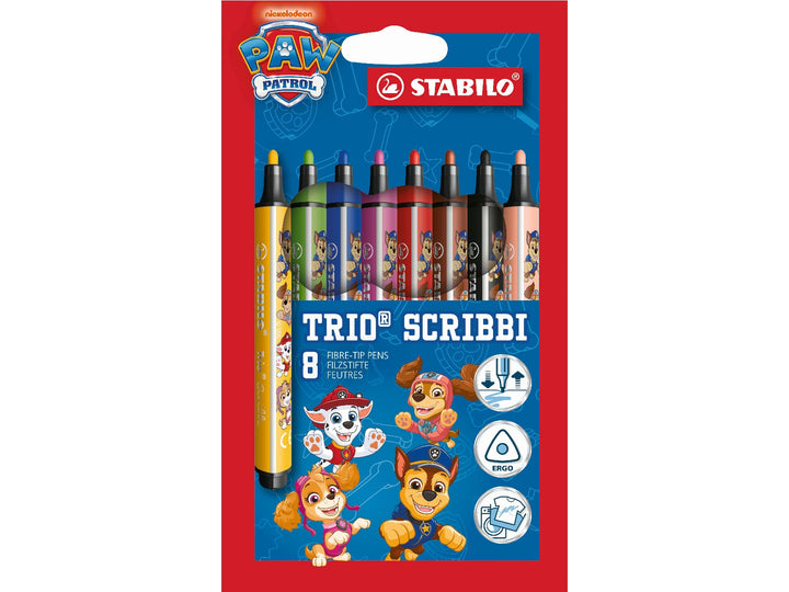 STABILO Trio Scribbi PAW Patrol Wallet of 8 felt-tip pens in assorted colours, featuring PAW Patrol character designs and ergonomic triangular barrels