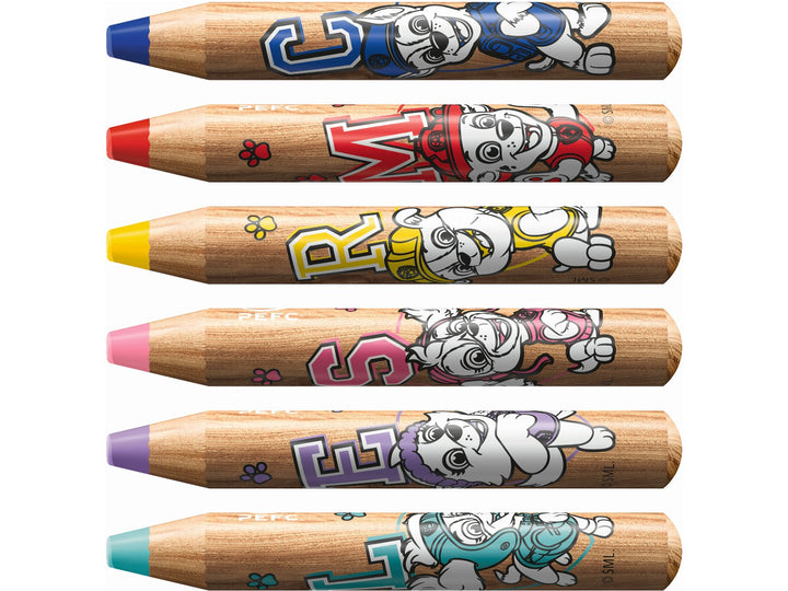 Six STABILO woody 3 in 1 PAW Patrol chunky coloured pencils in blue, red, yellow, pink, lilac and pastel blue, each featuring a different PAW Patrol character design